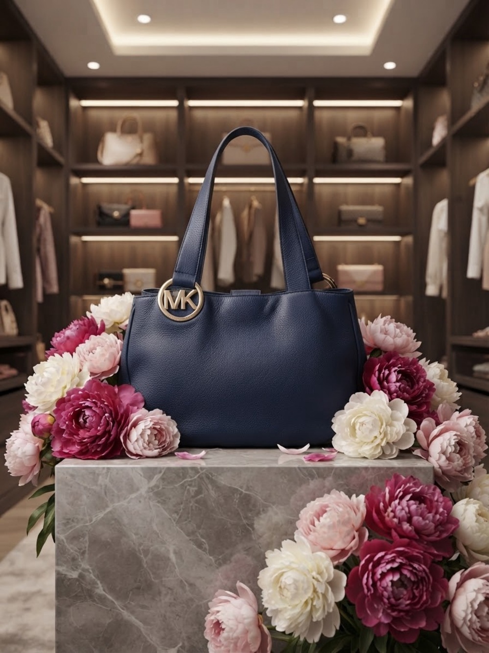 Michael Kors Midnight Blue Pebbled Leather Shoulder Tote with Gold MK Charm